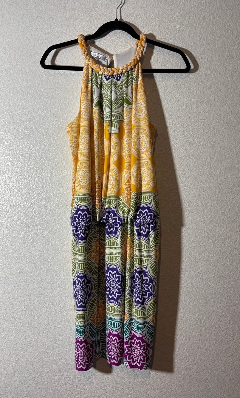 London Times Size 8 Yellow Boho Braided Halter Neck Drop Waist Sleeveless Dress